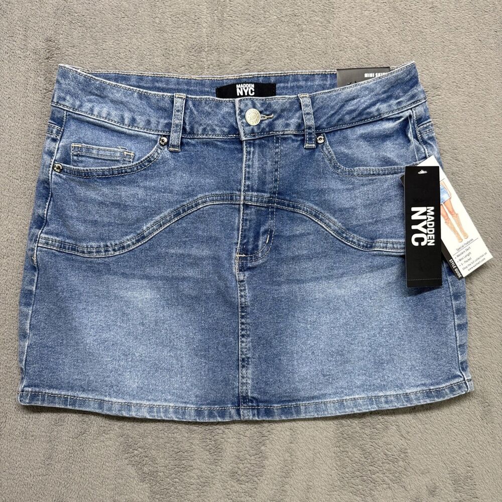 NWT Madden NYC Women's Denim Mini Skirt Stretch Sizes XS (0-2 Pockets Button Zip